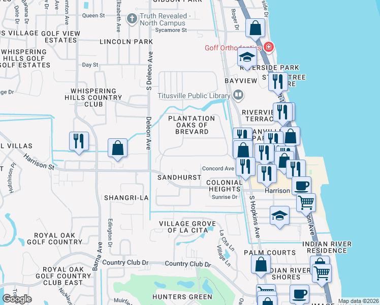 map of restaurants, bars, coffee shops, grocery stores, and more near 818 Macon Drive in Titusville