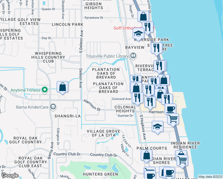 map of restaurants, bars, coffee shops, grocery stores, and more near 758 Macon Drive in Titusville
