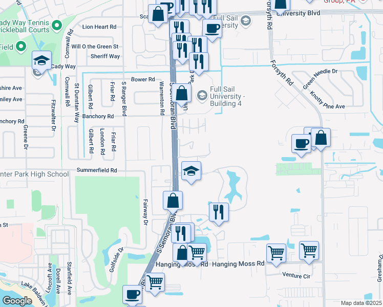 map of restaurants, bars, coffee shops, grocery stores, and more near 217 Scottsdale Square in Winter Park
