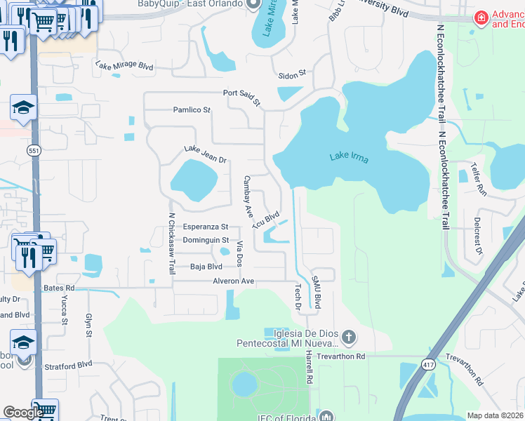 map of restaurants, bars, coffee shops, grocery stores, and more near 3319 Cambay Avenue in Orlando