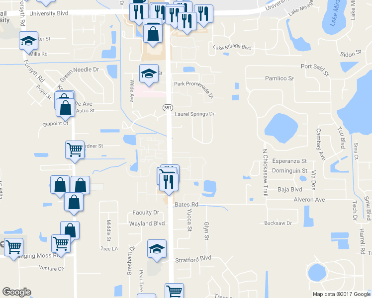 map of restaurants, bars, coffee shops, grocery stores, and more near 7650 Cranes Creek Court in Winter Park