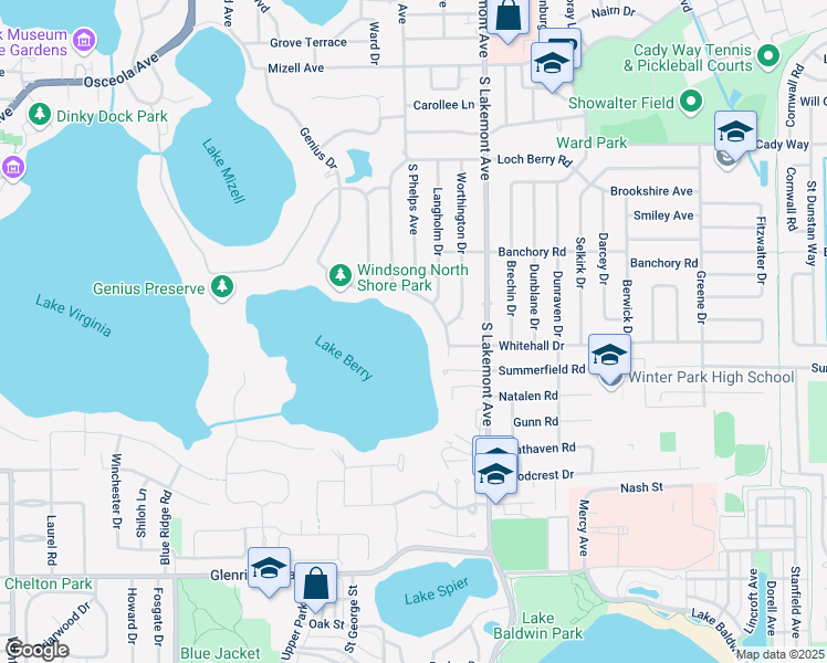 map of restaurants, bars, coffee shops, grocery stores, and more near 697 Balmoral Road in Winter Park