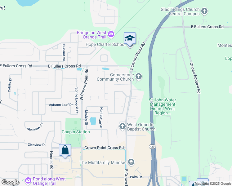 map of restaurants, bars, coffee shops, grocery stores, and more near 1613 Mistflower Lane in Winter Garden