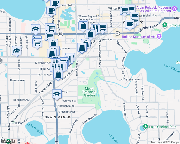 map of restaurants, bars, coffee shops, grocery stores, and more near 700 Melrose Avenue in Winter Park