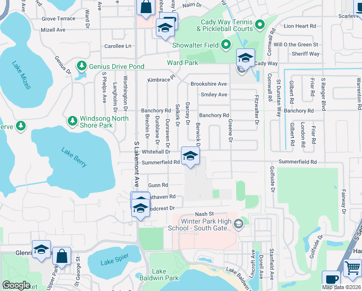 map of restaurants, bars, coffee shops, grocery stores, and more near 694 Selkirk Drive in Winter Park