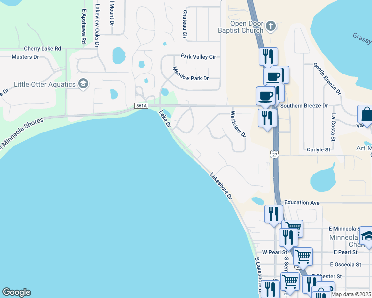 map of restaurants, bars, coffee shops, grocery stores, and more near 16622 North Lakeshore Drive in Clermont
