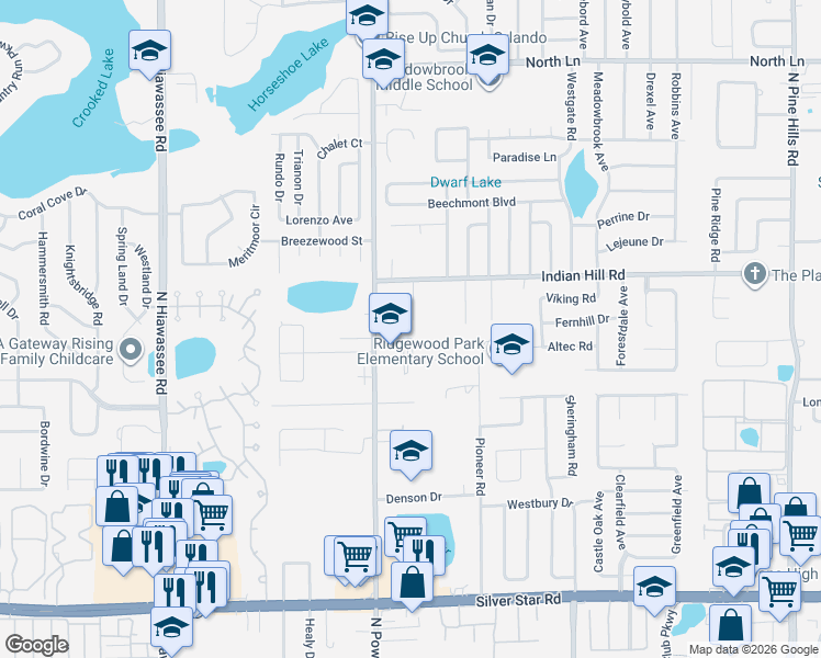 map of restaurants, bars, coffee shops, grocery stores, and more near 3408 Bretwood Drive in Orlando