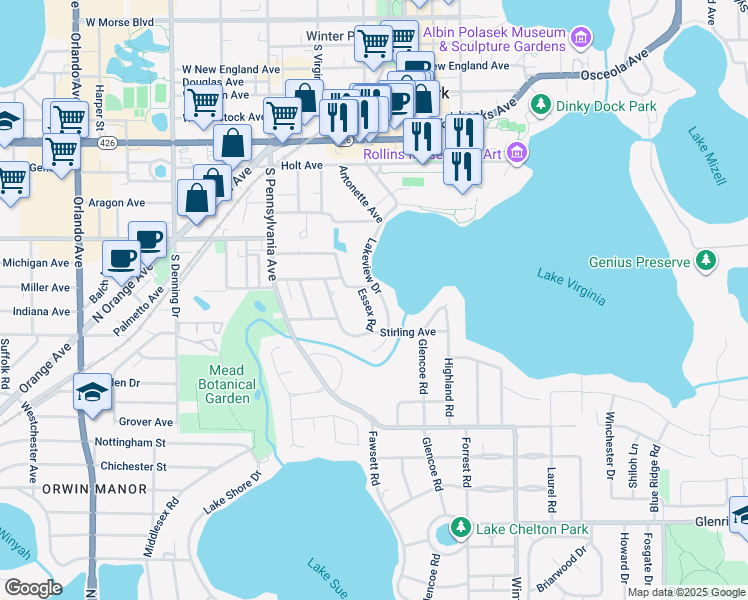 map of restaurants, bars, coffee shops, grocery stores, and more near 1252 Essex Road in Winter Park