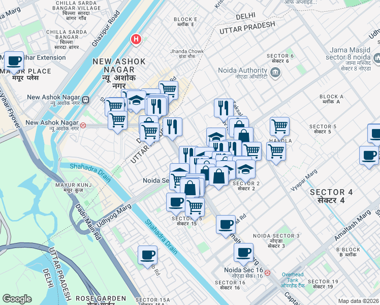 map of restaurants, bars, coffee shops, grocery stores, and more near A-1 Udhyog Marg in Noida