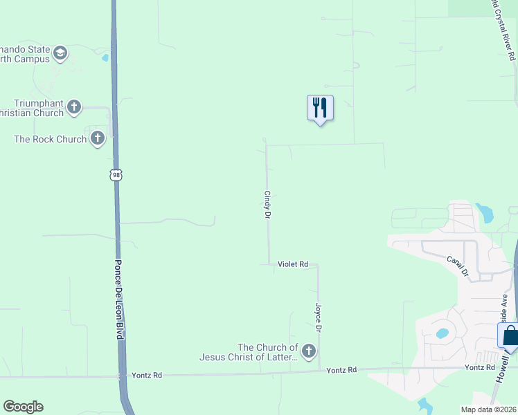 map of restaurants, bars, coffee shops, grocery stores, and more near 11159 Cindy Drive in Brooksville