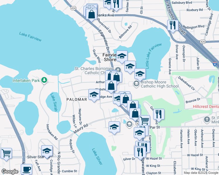 map of restaurants, bars, coffee shops, grocery stores, and more near 1009 Webster Street in Orlando