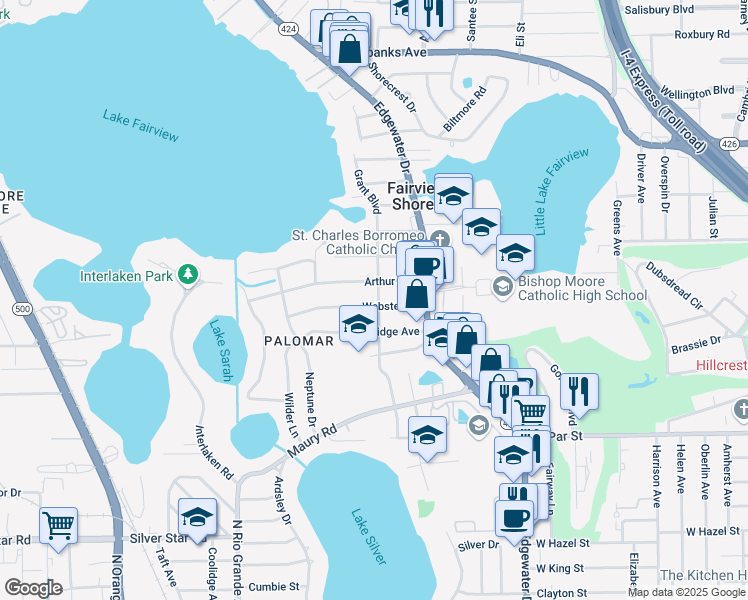 map of restaurants, bars, coffee shops, grocery stores, and more near 1101 Webster Street in Orlando