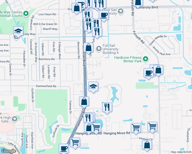 map of restaurants, bars, coffee shops, grocery stores, and more near 296 Scottsdale Square in Winter Park