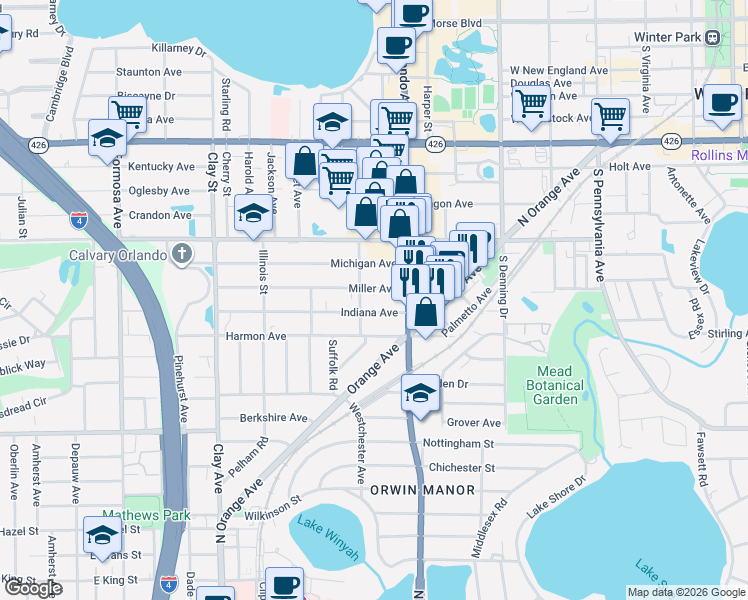 map of restaurants, bars, coffee shops, grocery stores, and more near 1240 Miller Avenue in Winter Park