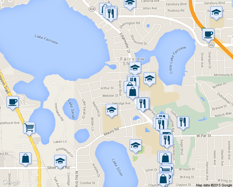 map of restaurants, bars, coffee shops, grocery stores, and more near 1101 Webster Street in Orlando