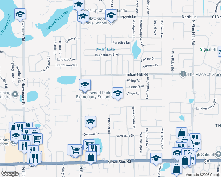 map of restaurants, bars, coffee shops, grocery stores, and more near 3406 Ridgemont Road in Orlando
