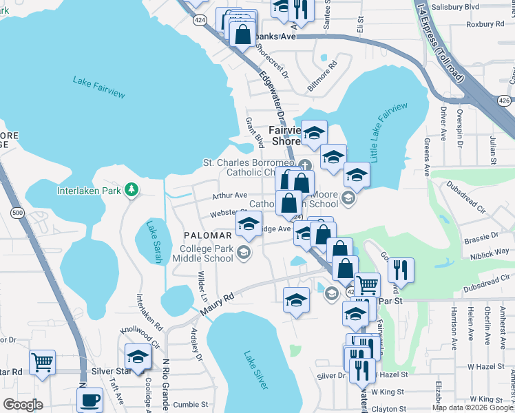 map of restaurants, bars, coffee shops, grocery stores, and more near 1101 Webster Street in Orlando
