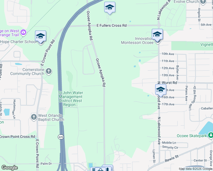 map of restaurants, bars, coffee shops, grocery stores, and more near 1305 Ocoee Apopka Road in Ocoee