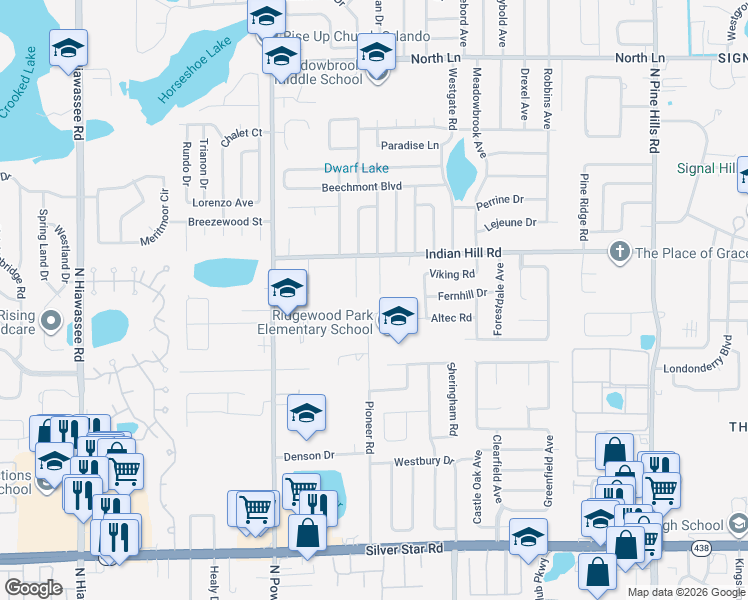 map of restaurants, bars, coffee shops, grocery stores, and more near 3406 Ridgemont Road in Orlando