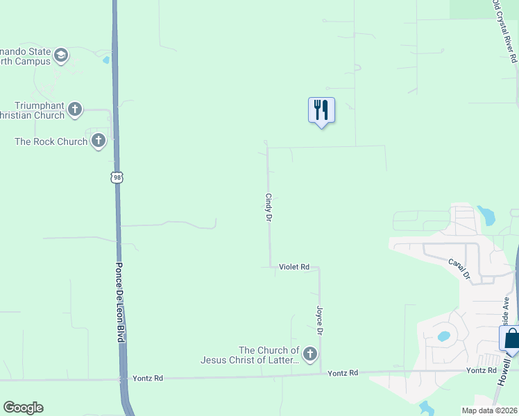 map of restaurants, bars, coffee shops, grocery stores, and more near 11159 Cindy Drive in Brooksville