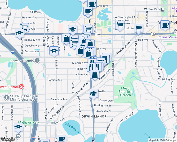 map of restaurants, bars, coffee shops, grocery stores, and more near 1111 Orlando Avenue in Winter Park