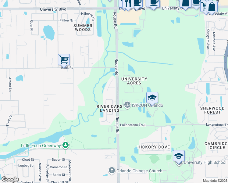 map of restaurants, bars, coffee shops, grocery stores, and more near 2712 Rivers End Road in Orlando