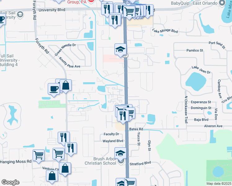 map of restaurants, bars, coffee shops, grocery stores, and more near 3275 Forest Oaks Court in Winter Park