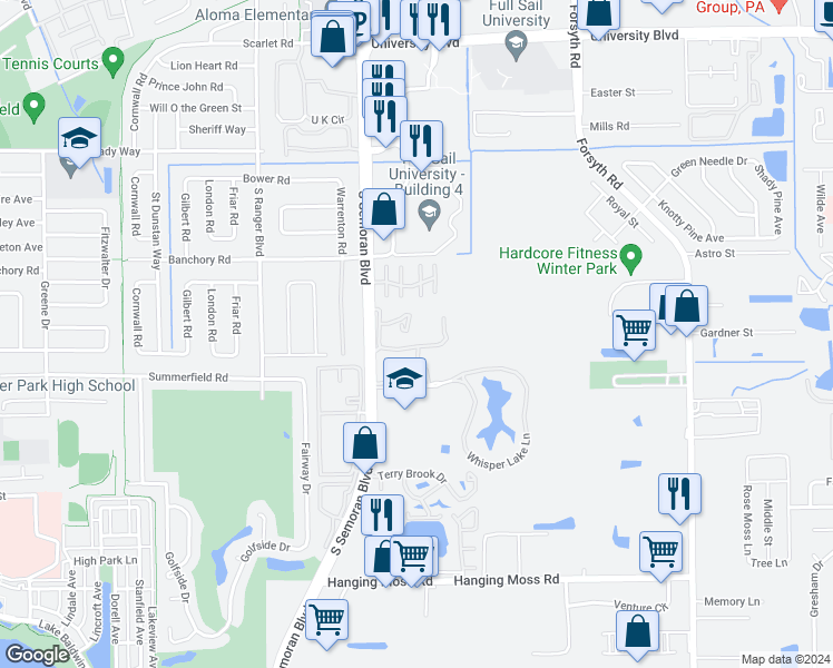 map of restaurants, bars, coffee shops, grocery stores, and more near 296 Scottsdale Square in Winter Park