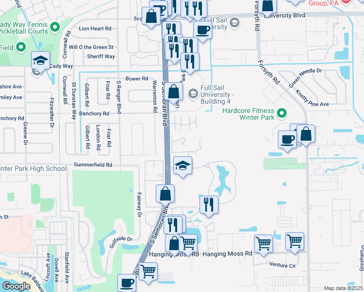 map of restaurants, bars, coffee shops, grocery stores, and more near 217 Scottsdale Square in Winter Park