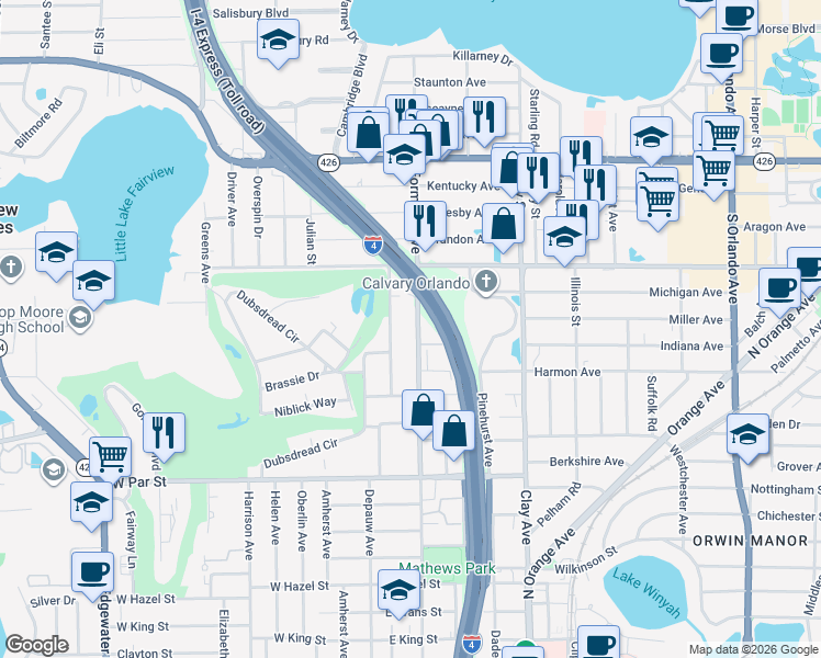 map of restaurants, bars, coffee shops, grocery stores, and more near 3603 Midiron Drive in Winter Park