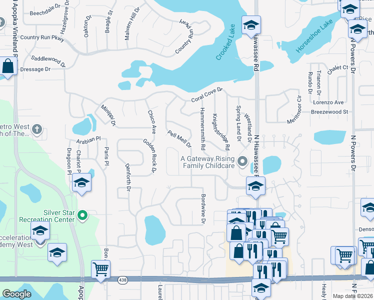 map of restaurants, bars, coffee shops, grocery stores, and more near 3119 Pell Mell Drive in Orlando
