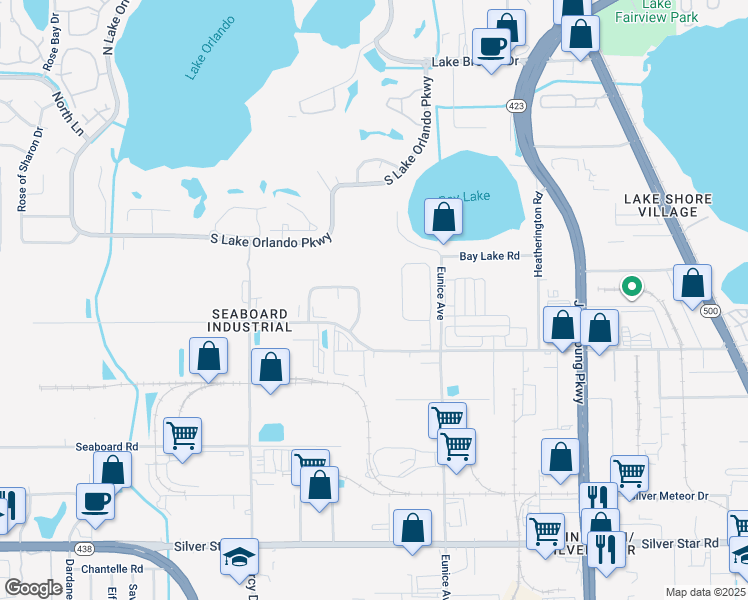 map of restaurants, bars, coffee shops, grocery stores, and more near 3841 Center Loop in Orlando