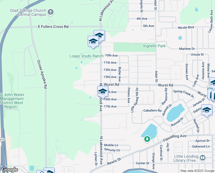 map of restaurants, bars, coffee shops, grocery stores, and more near 104 15th Avenue in Ocoee