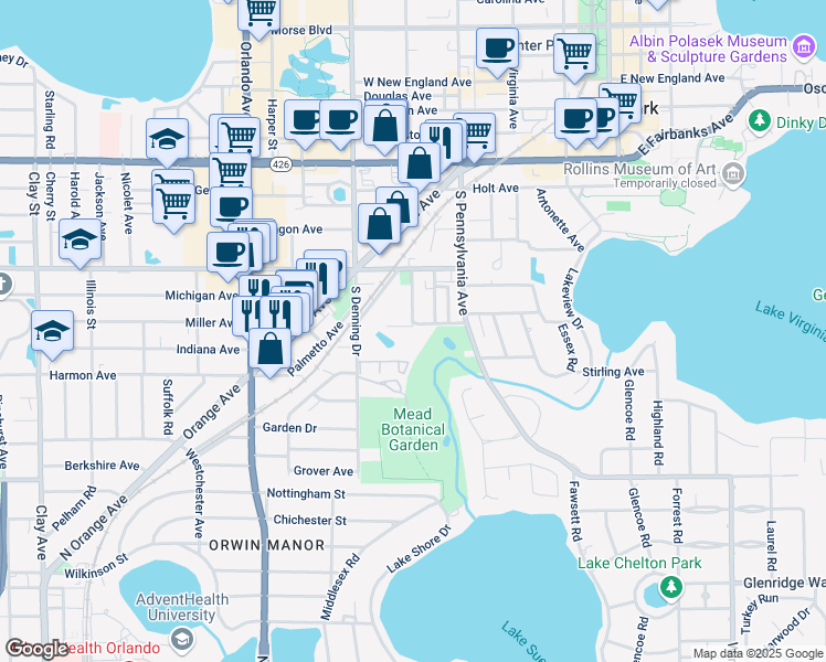 map of restaurants, bars, coffee shops, grocery stores, and more near 700 Melrose Avenue in Winter Park