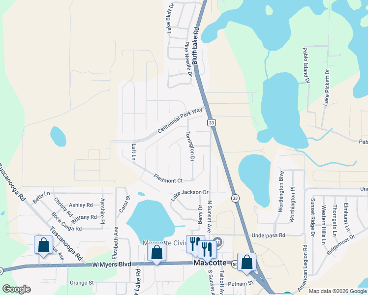 map of restaurants, bars, coffee shops, grocery stores, and more near 1795 Torrington Drive in Mascotte