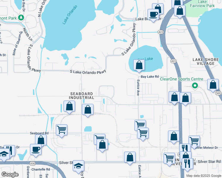 map of restaurants, bars, coffee shops, grocery stores, and more near 3840 Center Loop in Orlando