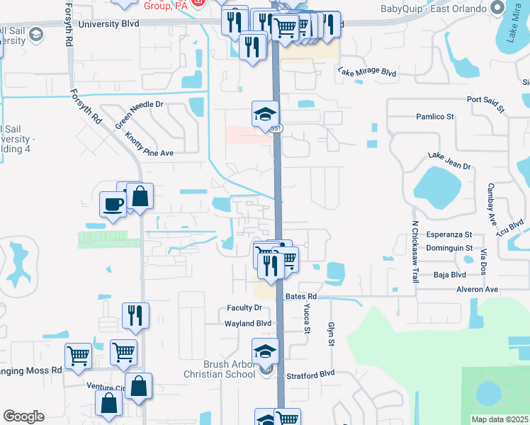 map of restaurants, bars, coffee shops, grocery stores, and more near 7507 Cranes Creek Court in Winter Park