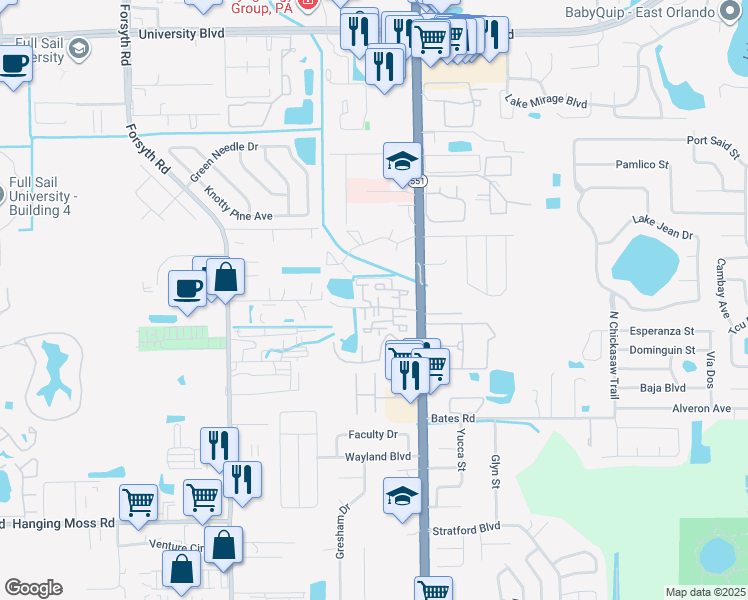 map of restaurants, bars, coffee shops, grocery stores, and more near 3275 Forest Oaks Court in Winter Park