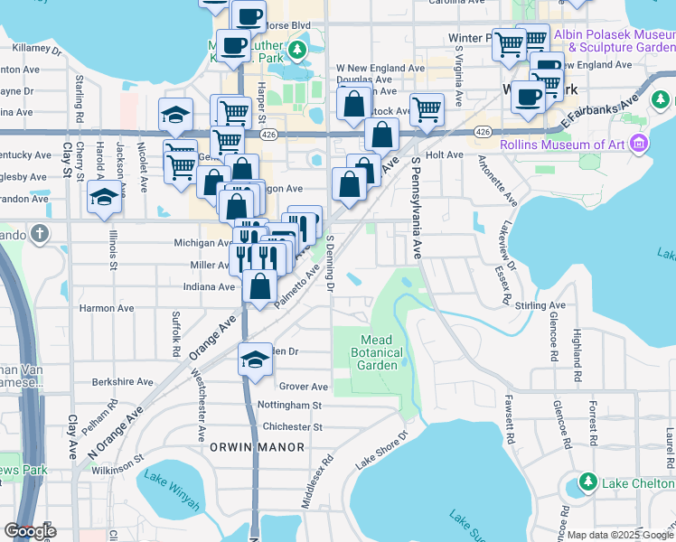 map of restaurants, bars, coffee shops, grocery stores, and more near 700 Melrose Avenue in Winter Park