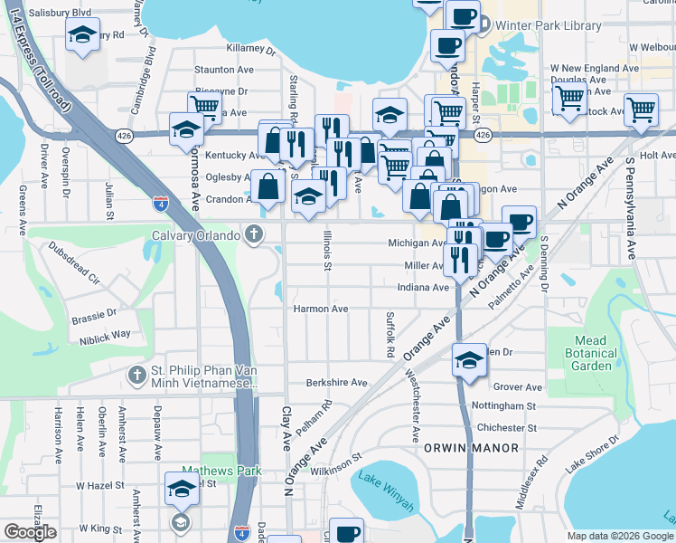 map of restaurants, bars, coffee shops, grocery stores, and more near 1545 Indiana Avenue in Winter Park