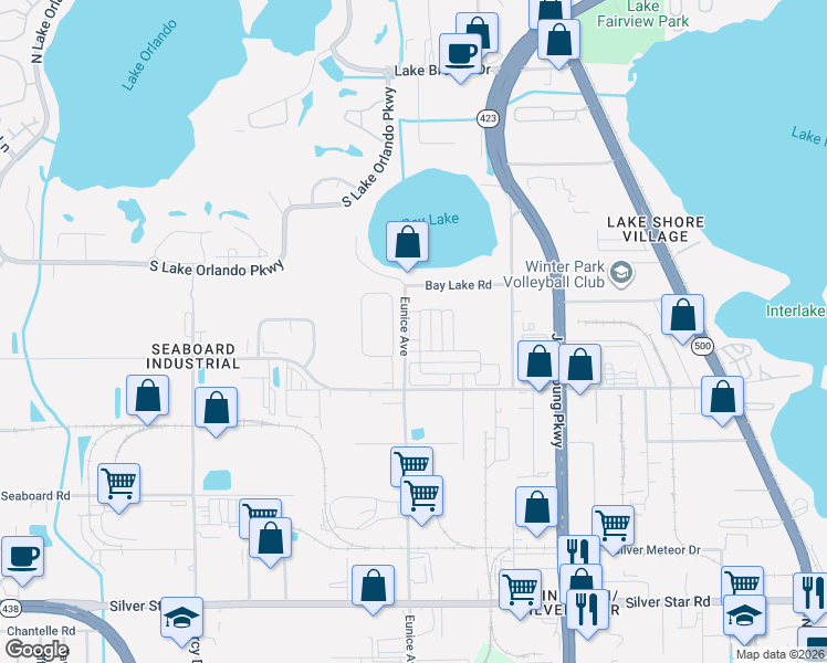 map of restaurants, bars, coffee shops, grocery stores, and more near 3457 Seneca Club Loop in Orlando