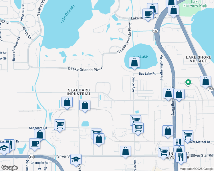 map of restaurants, bars, coffee shops, grocery stores, and more near 3841 Center Loop in Orlando