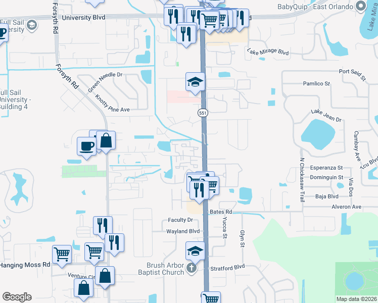 map of restaurants, bars, coffee shops, grocery stores, and more near 3275 Forest Oaks Court in Winter Park