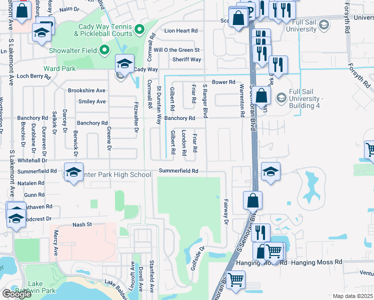 map of restaurants, bars, coffee shops, grocery stores, and more near 736 London Road in Winter Park