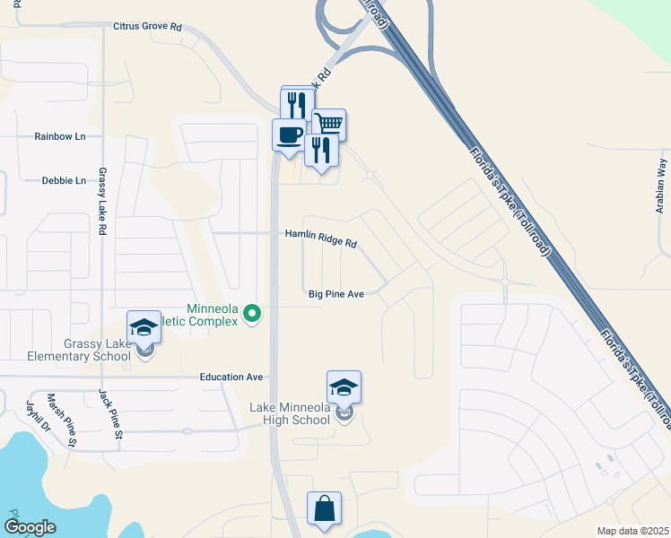 map of restaurants, bars, coffee shops, grocery stores, and more near 679 Anna Ridge Road in Minneola