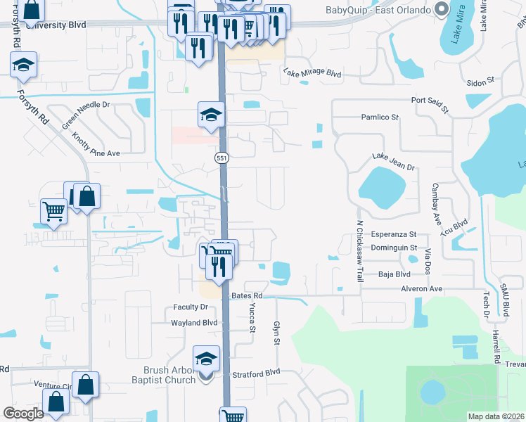 map of restaurants, bars, coffee shops, grocery stores, and more near 3046 Bluebrook Drive in Winter Park