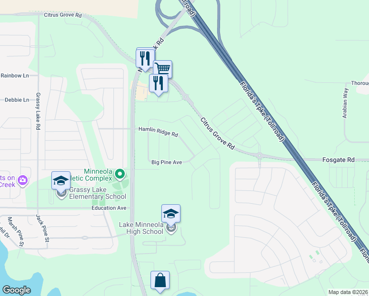 map of restaurants, bars, coffee shops, grocery stores, and more near 1720 Hamlin Ridge Road in Minneola
