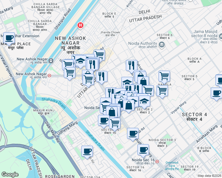 map of restaurants, bars, coffee shops, grocery stores, and more near in Noida