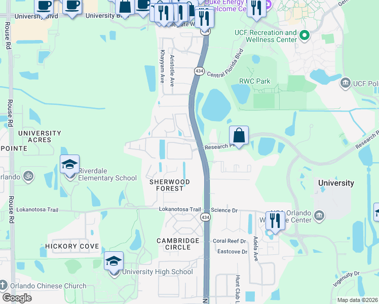 map of restaurants, bars, coffee shops, grocery stores, and more near 12000-12066 Coed Way in Orlando