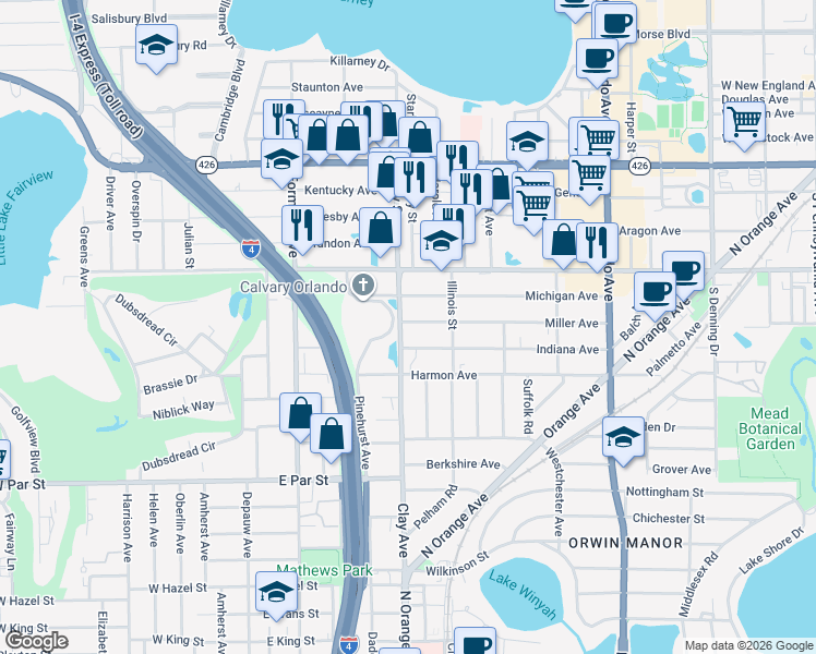 map of restaurants, bars, coffee shops, grocery stores, and more near 1781 Indiana Avenue in Winter Park